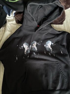 Black Graphic Pullover Hoodie with Iridescent Skull Row